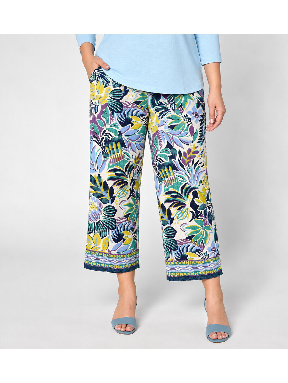 Denim & Co. Tall Beach Jersey Wide Leg Crop Pants Jade Tropical, P2X